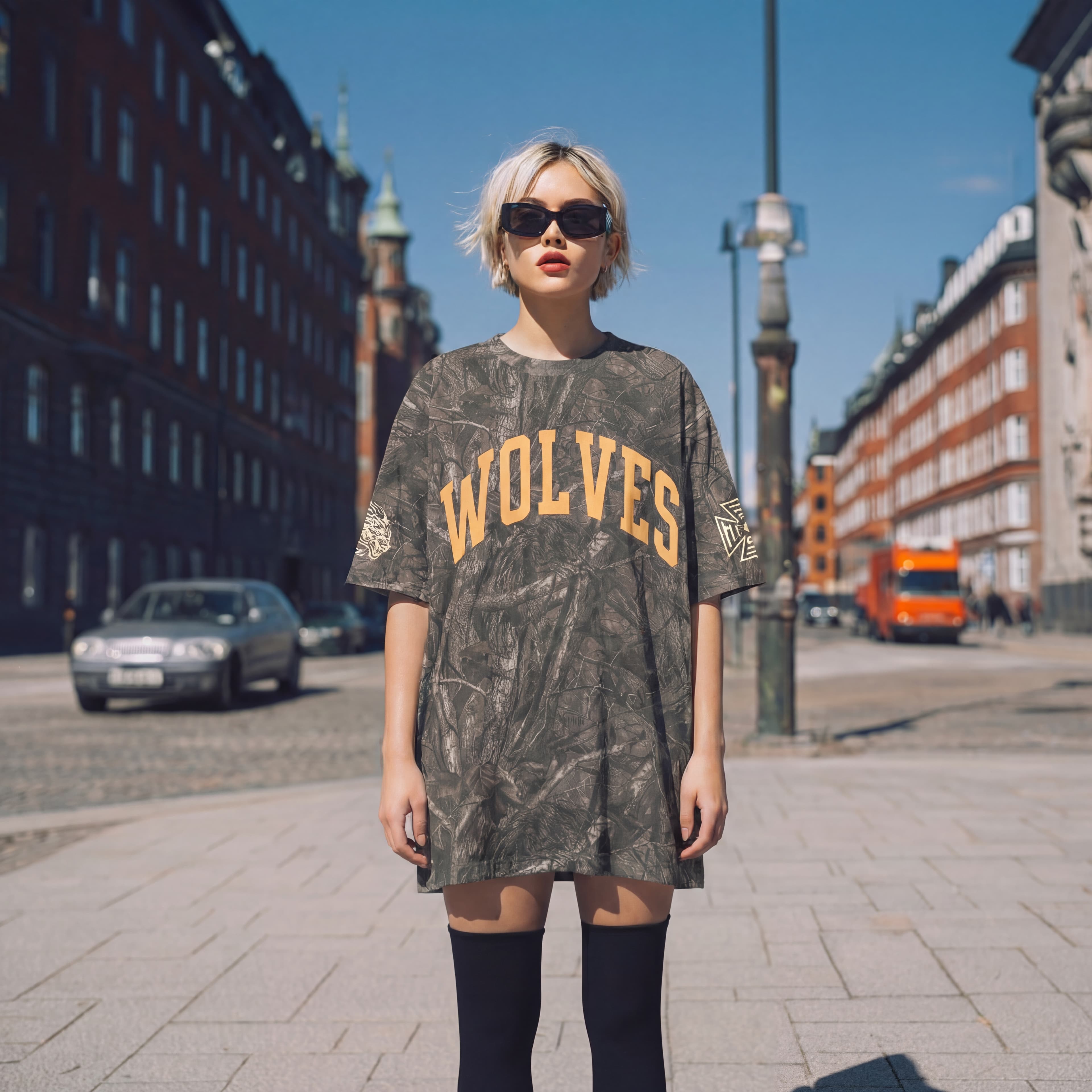Oversized camo tee — street editorial