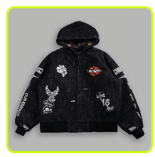 Product — patched hoodie flat-lay